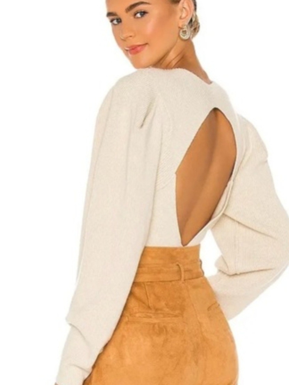 Free People Saffron Oatmeal Ribbed Open Back Puff Sleeve Sweater Small Neutral